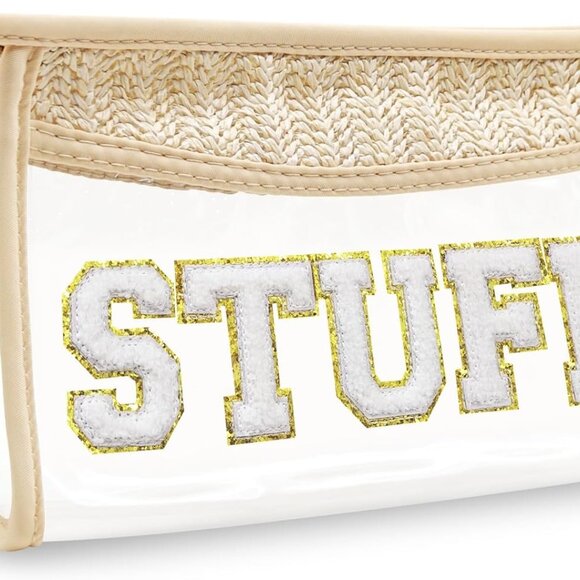 Boho Hand-woven Makeup Bag, Chenille Letter Patch Clear Travel Pouch, Rattan Str - Picture 1 of 7